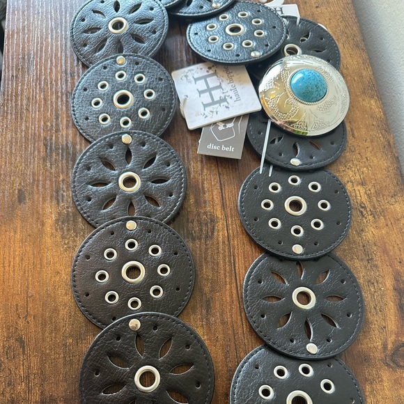 Haute Hippie Black Faux Leather Disc Belt Silver Accents Western Bohemian NWT - Picture 3 of 7